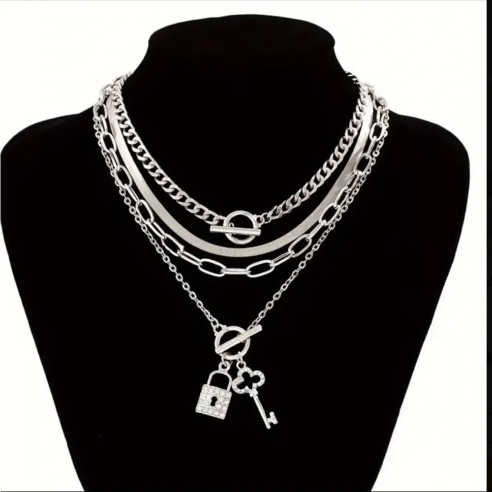 silver 4-piece minimalist snake chain necklace set rhinestones lock key pendant